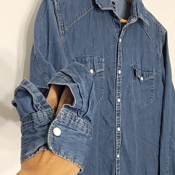 Vintage Blue Jeans Pockets Cotton Collared Slim Fit Button-Up Denim Shirt Small - Picture 7 of 14